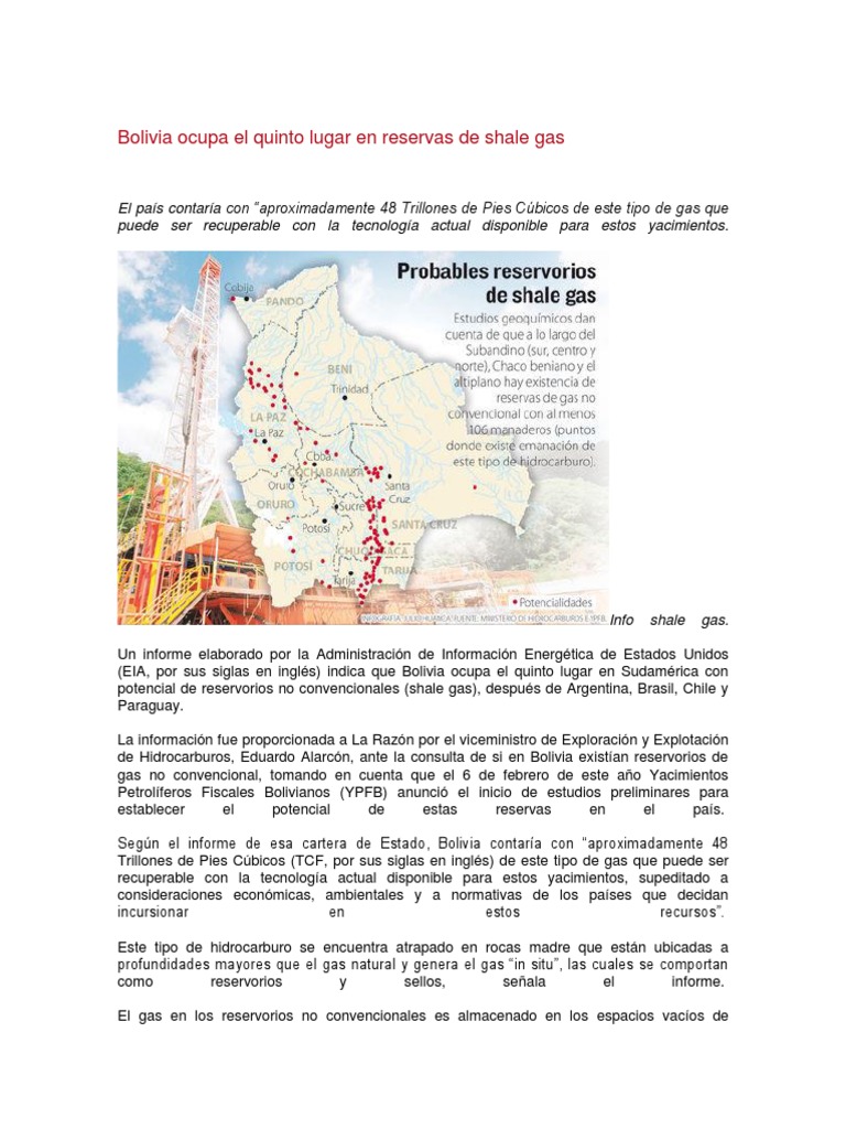 Bolivia Ocupa El Quinto Lugar en Reservas de Shale Gas | PDF | Petróleo ...