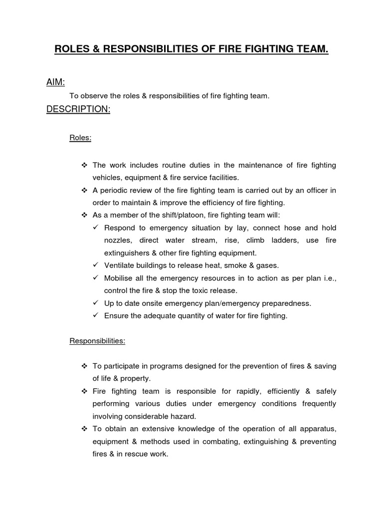 Roles & Responsibilities of Fire Fighting Team PDF Firefighting Fires