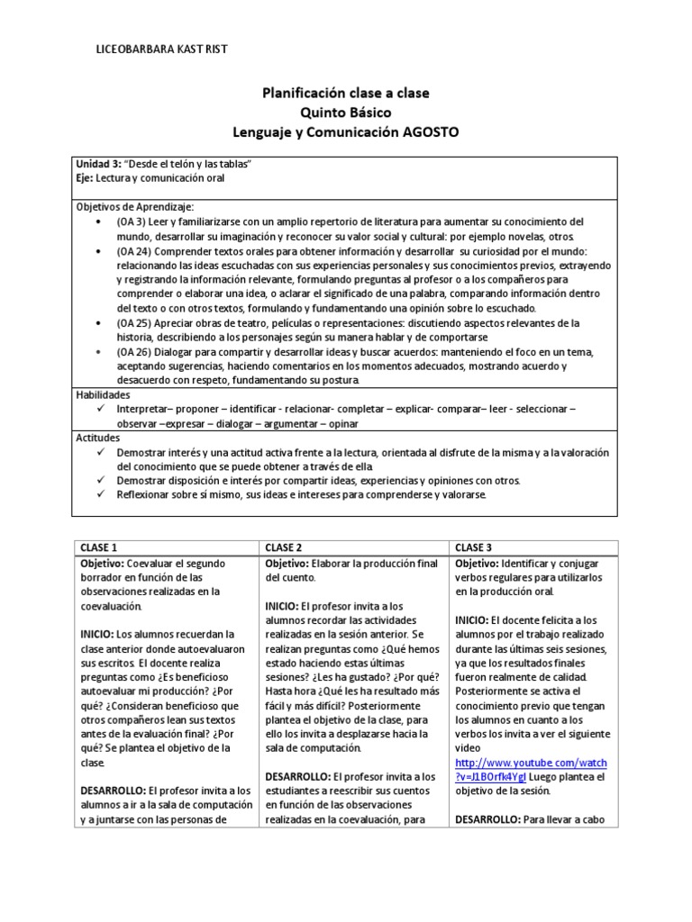 Planificación de Lenguaje Quinto Básico | PDF | Lectura (proceso ...