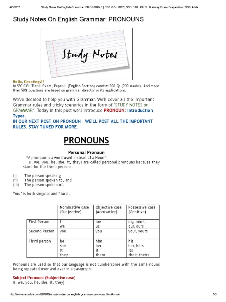SSC CGL Pronouns Study Notes | PDF | Pronoun | English Grammar