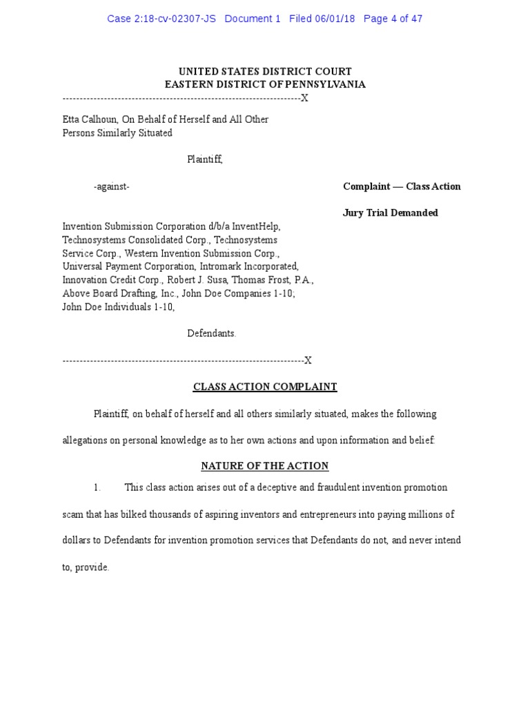 Etta Calhoun v. InventHelp Et Al, Class Action Lawsuit Complaint
