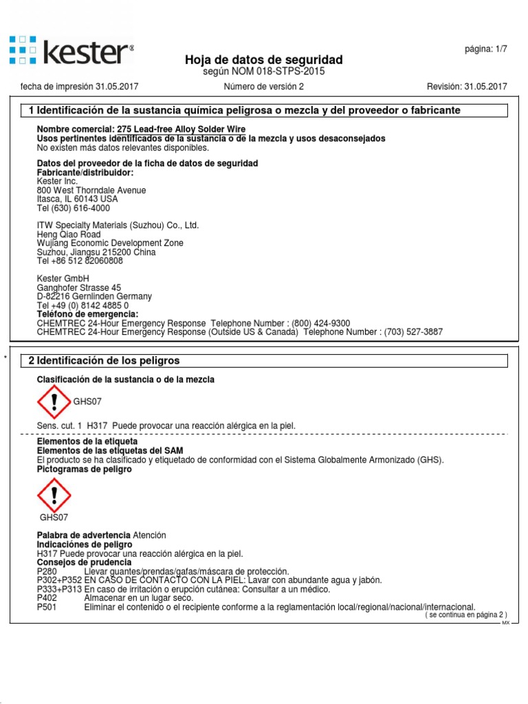 275 LeadFree Alloy Solder Wire SDS ES (V2) MX PDF Solvente Guante
