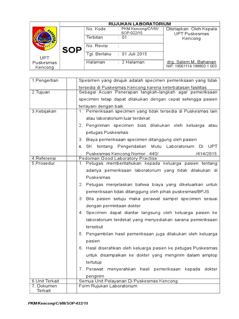 SOP Rujukan Laboratorium Puskesmas Kencong | PDF