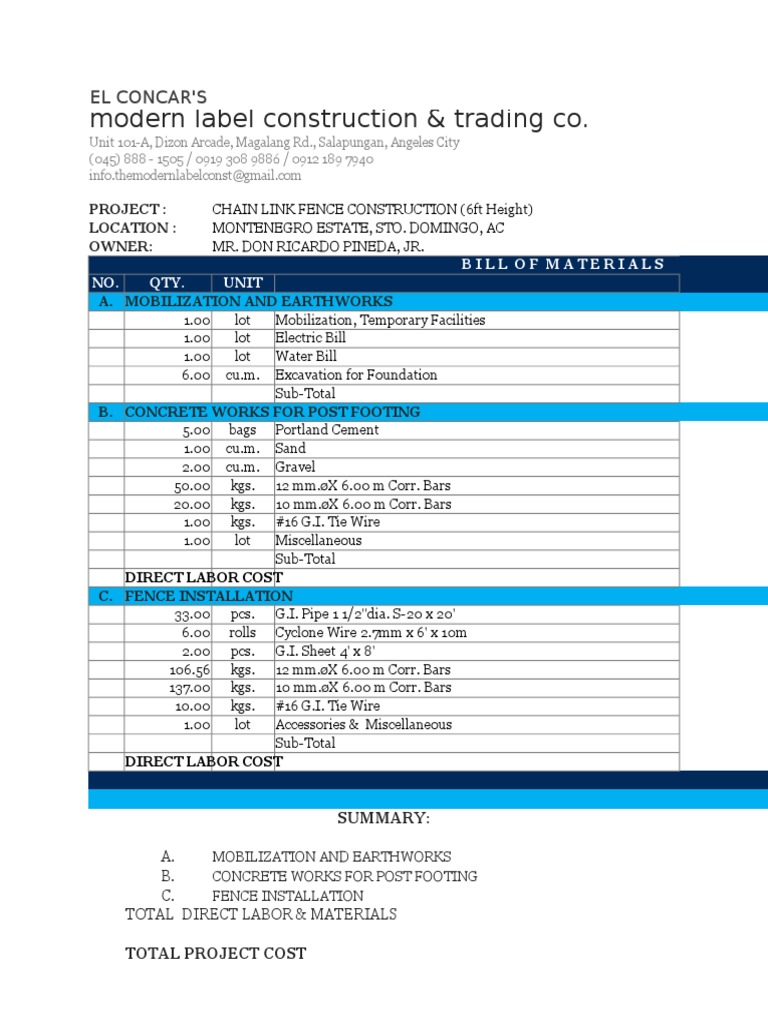 Estimate Fence CHB PDF Surety Bond Concrete
