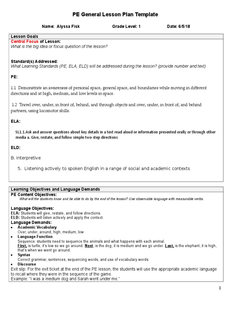 PE General Lesson Plan Template What is the big idea or focus question