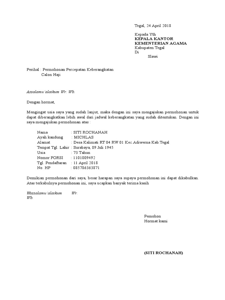 Surat Permohonan Percepatan Haji - Free Day w