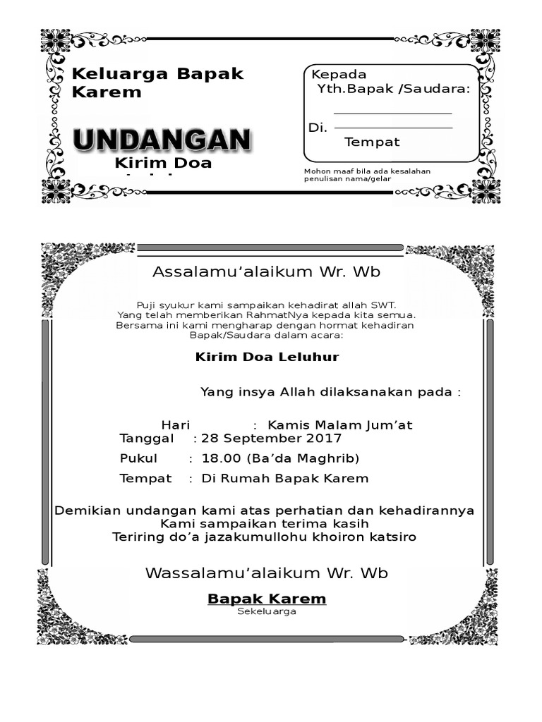 Undangan Tahlil Docx Contoh desain undangan untuk acara tasyakuran dan kirim doa serta undangan walimatul khitan dan lainya semua dapat anda down load disini.