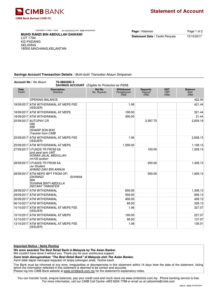 CIMB Bank Account Statement Summary | PDF | Banks | Banking