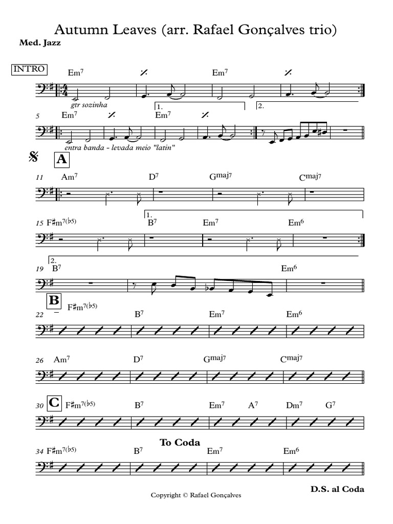 Autumn Leaves Arr Rafael Goncalves Trio Clave De Fa