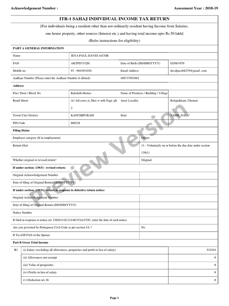 Itr1 Sahaj Individual Tax Return Acknowledgement Number