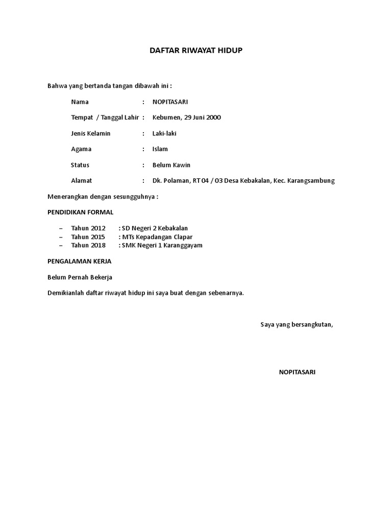 Daftar Riwayat Hidup Yang Belum Pernah Bekerja Info Seputar Kerjaan