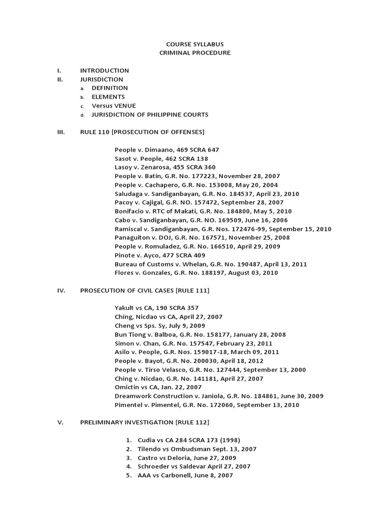 Crim Pro Syllabus Pdf Legal Organizations Legal Procedure