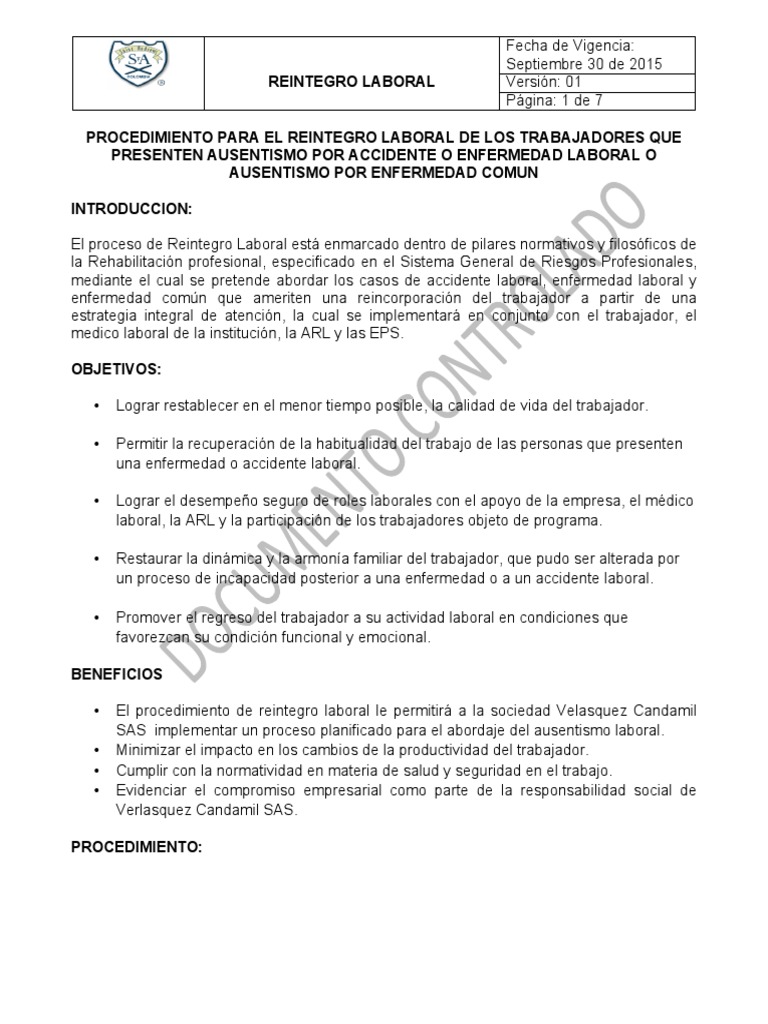 Procedimiento de Reintegro Laboral ARL | PDF | Salud y bienestar | Medicina