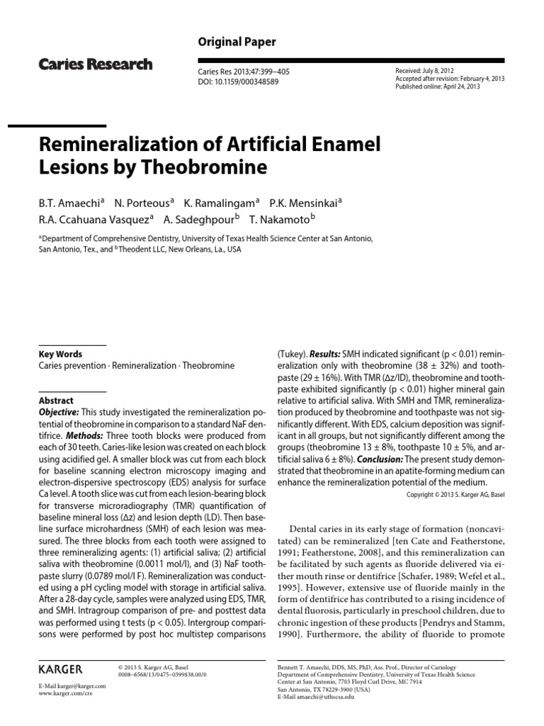 Remineralization of Artificial Enamel Lesions by Theobromine PDF | PDF ...