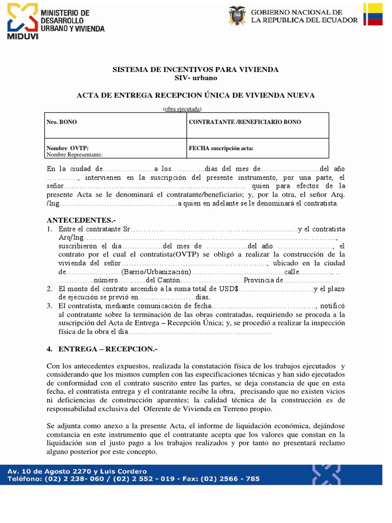 Sistema De Incentivos Para Vivienda SIVurbano Acta De Entrega