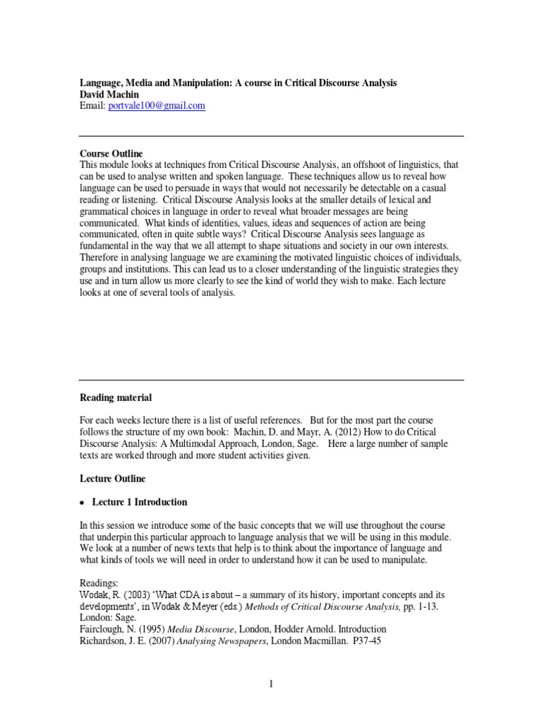 Critical Discourse Analysis Course Outline | PDF | Discourse | Linguistics