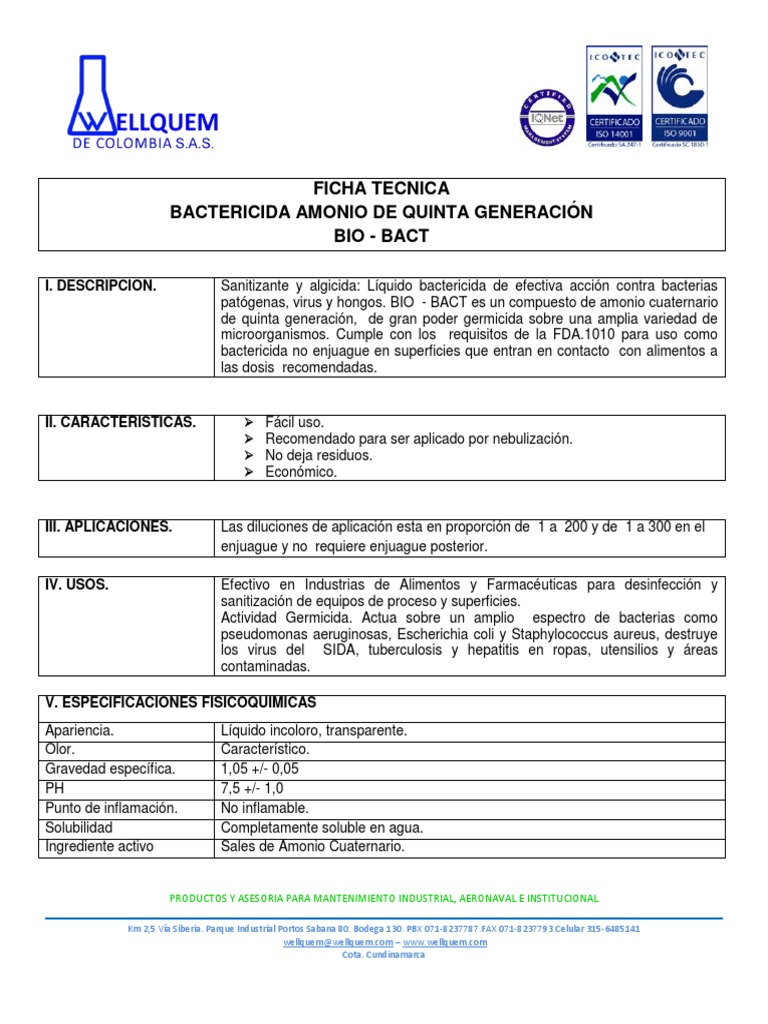 Ficha Técnica de Bio-Bact Amonio Cuaternario | PDF | Agua | Microbiología