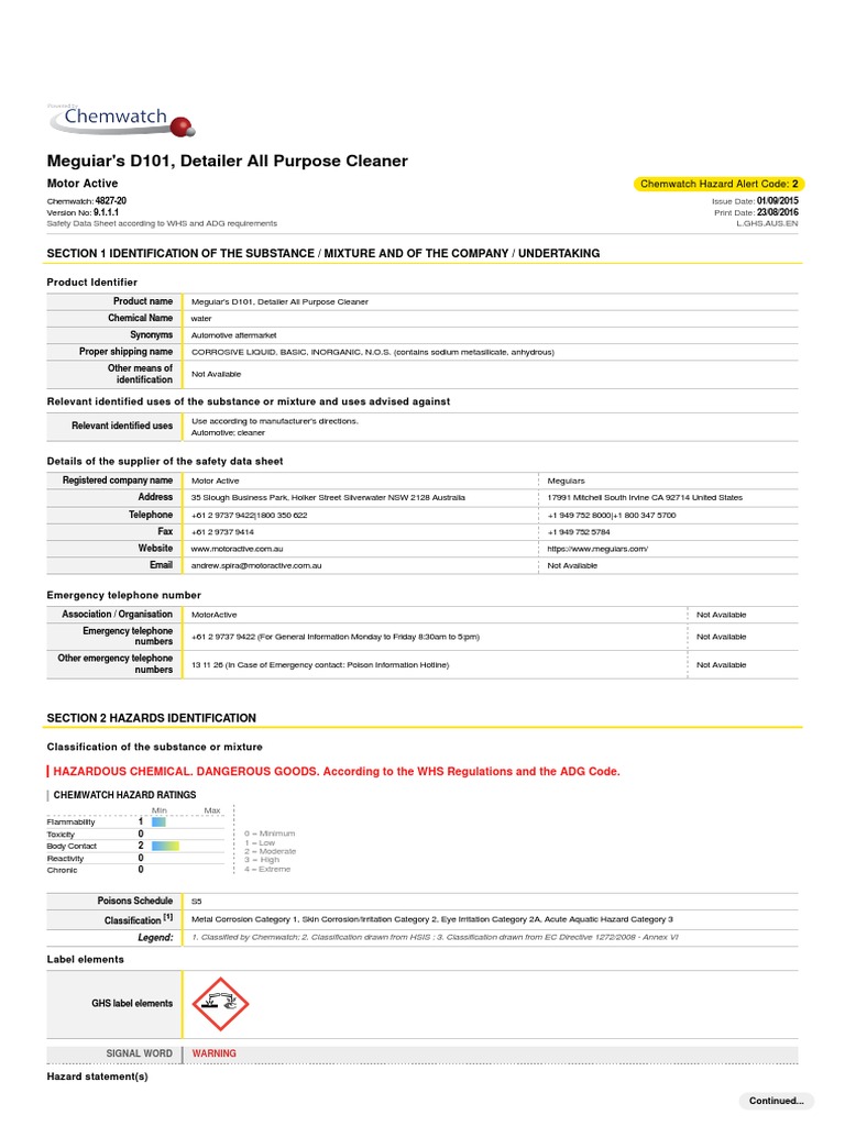 Meguiar's D101, Detailer All Purpose Cleaner Motor Active PDF Combustion Fires