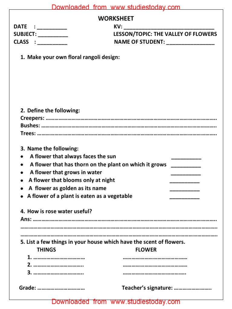 CBSE Class 4 EVS Revision Worksheet The Valley of Flowers PDF