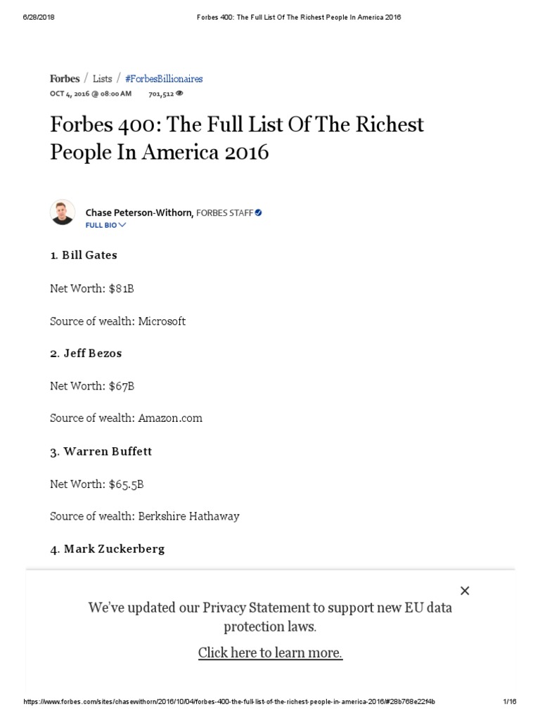Forbes 400: Richest Americans 2016 | PDF | Economy Of The United States ...