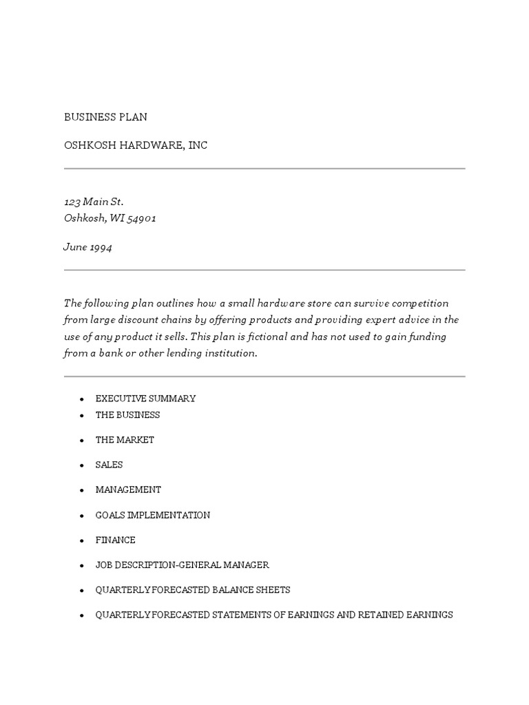 Business Plan Hardware Store PDF Retained Earnings Equity (Finance)