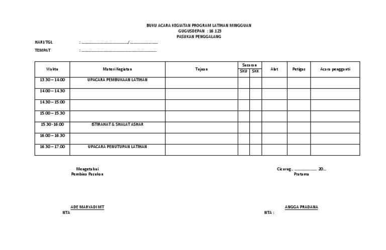 Buku Acara Kegiatan Program Latihan Mingguan