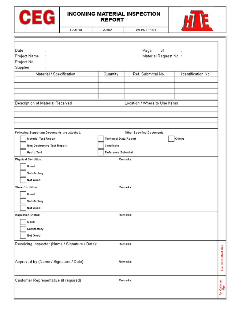 Incoming Material Inspection Report Template | PDF | Specification ...