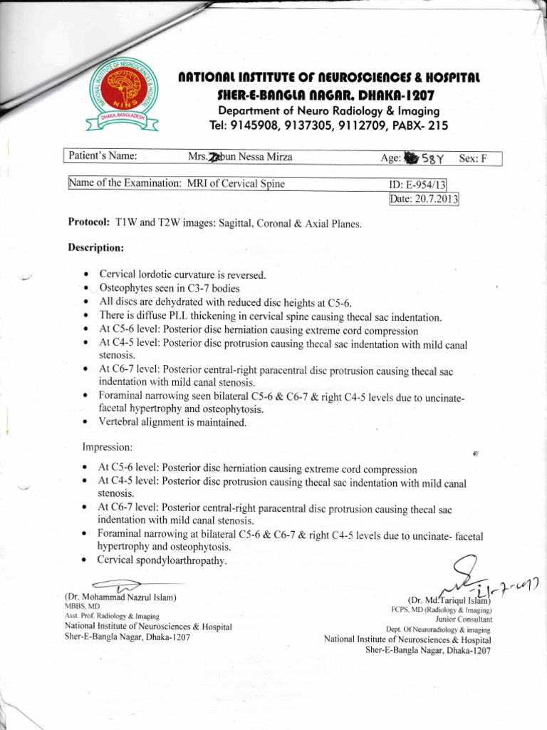 MRI Report: Cervical Spine Findings | PDF | Vertebral Column | Clinical ...