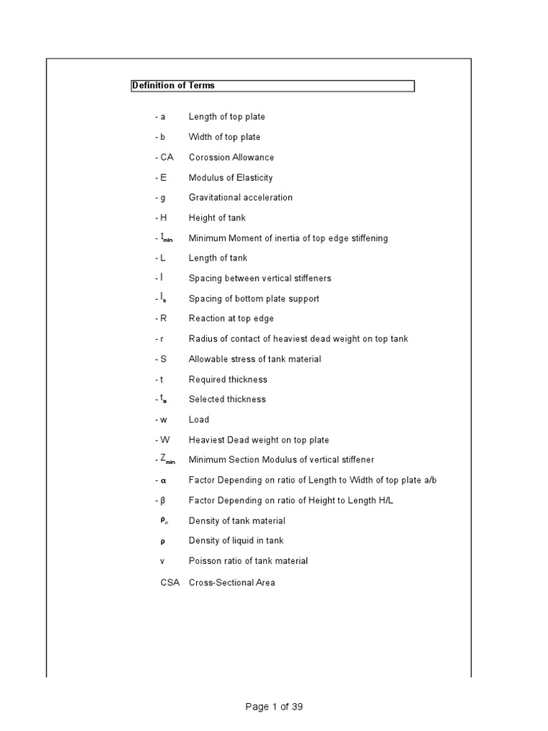 Rectangular Tank Calculation Roarks Formulas PDF Bending Beam