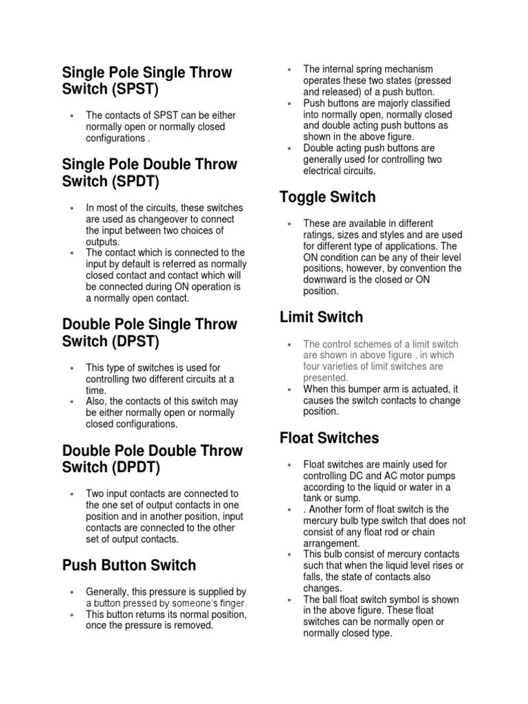 Overview of Single Pole Switch Types | PDF | Switch | Electrical Components