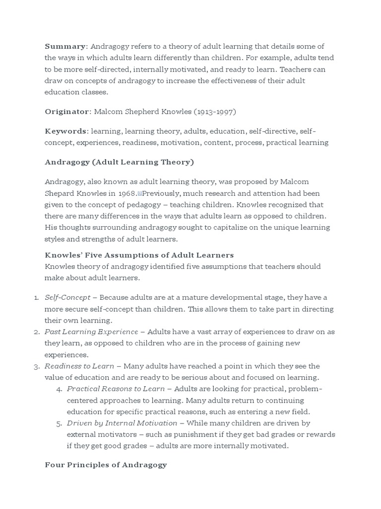 Adult Learning Theory Pdf Pedagogy Cognition