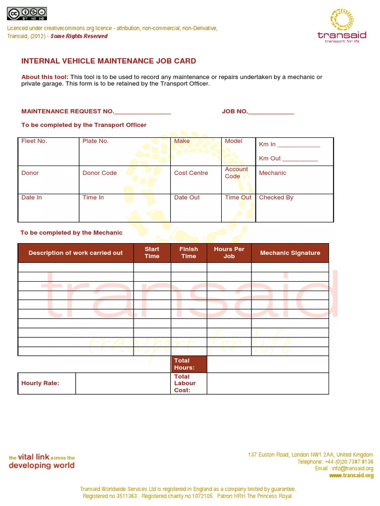 Internal Vehicle Maintenance Job Card | PDF | Road Transport | Land ...