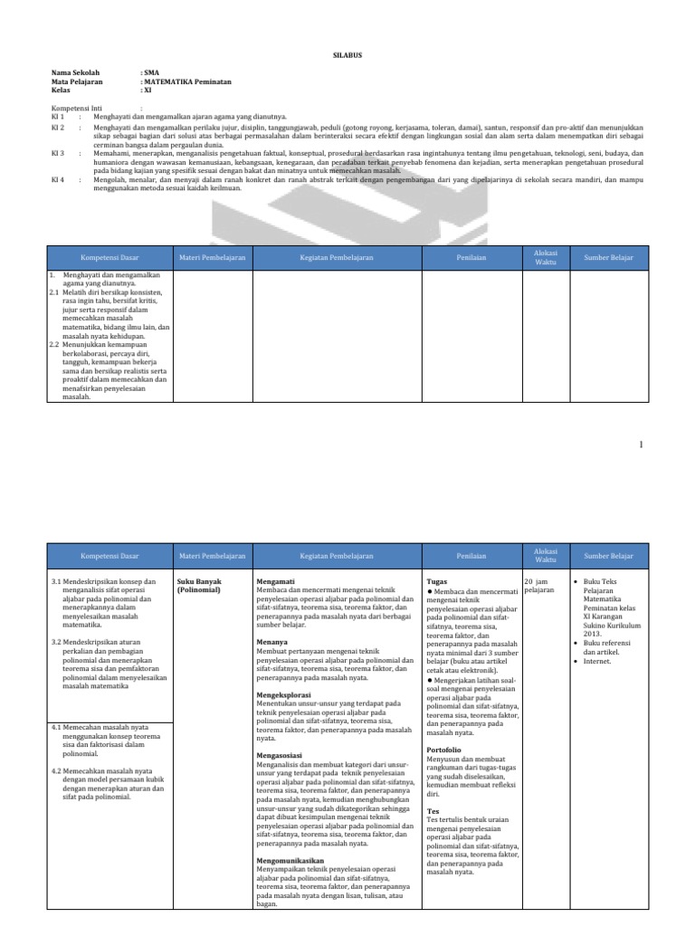Silabus Matematika Peminatan Kelas Xi Pdf