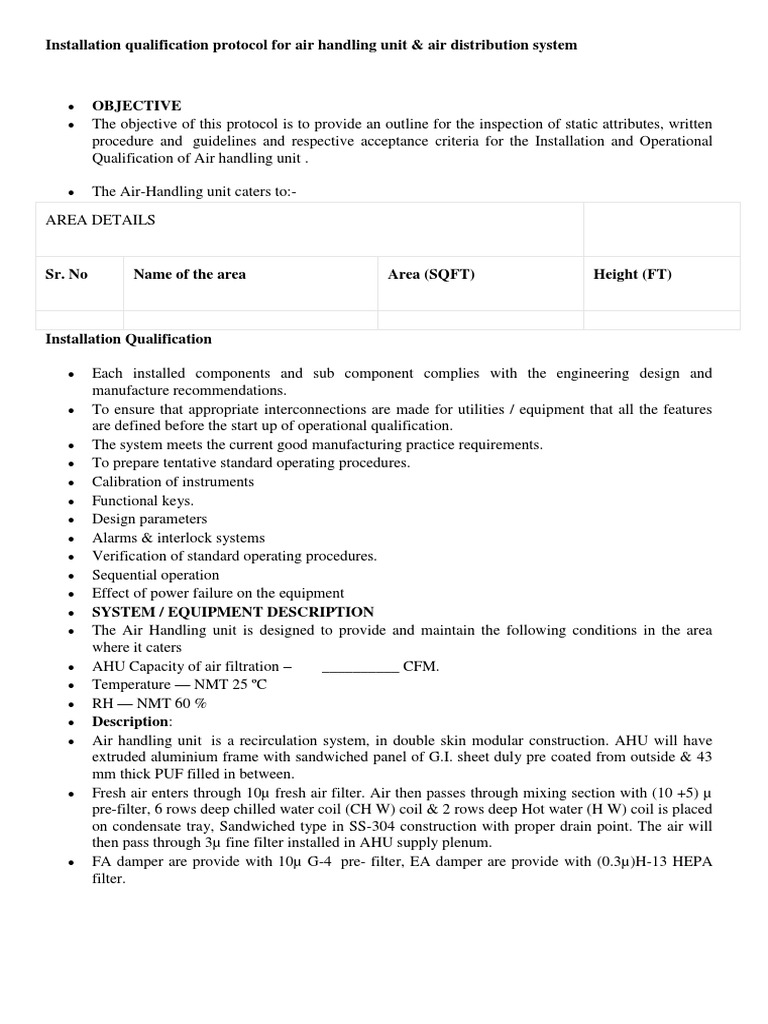 Installation Qualification Protocol For Air Handling Unit & Air