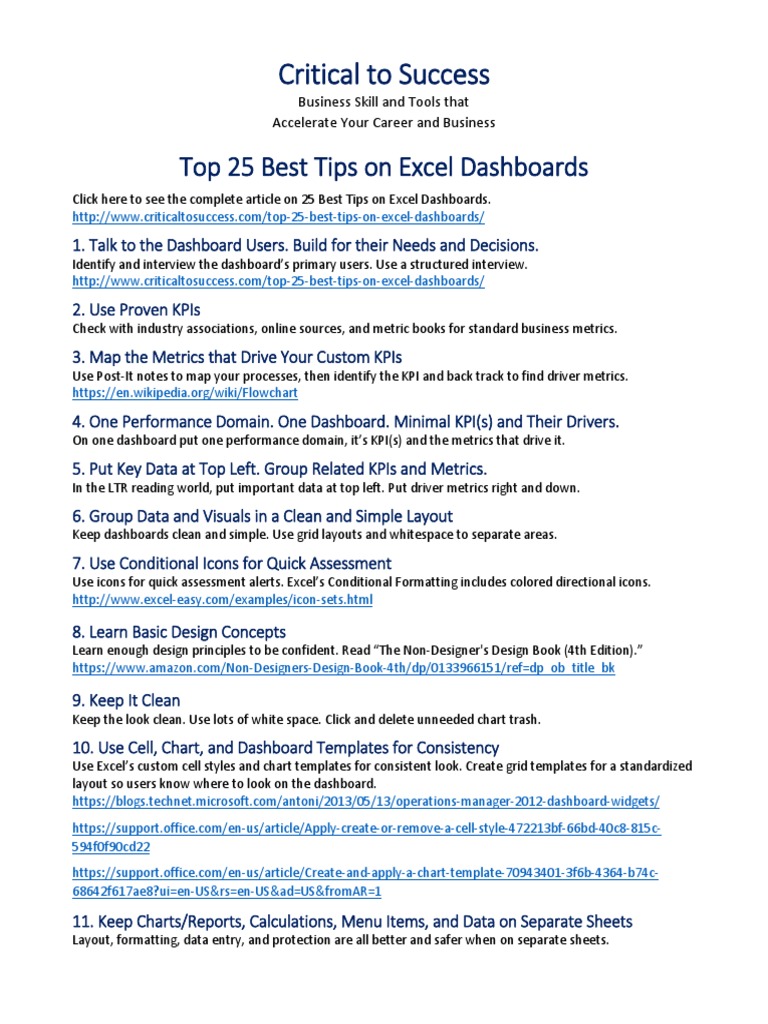 Top 25 Excel Dashboard Tips Sheet | PDF | Microsoft Excel | Icon