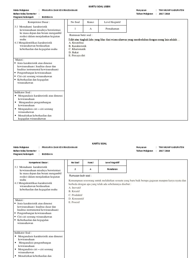 Usbn Pkwu Budidaya Kartu Soal 2018 Kunci