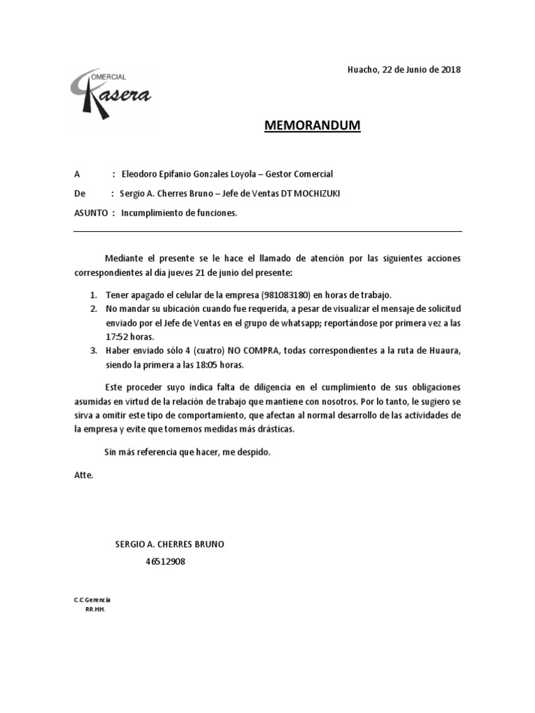 Memorandum incumplimiento de funciones