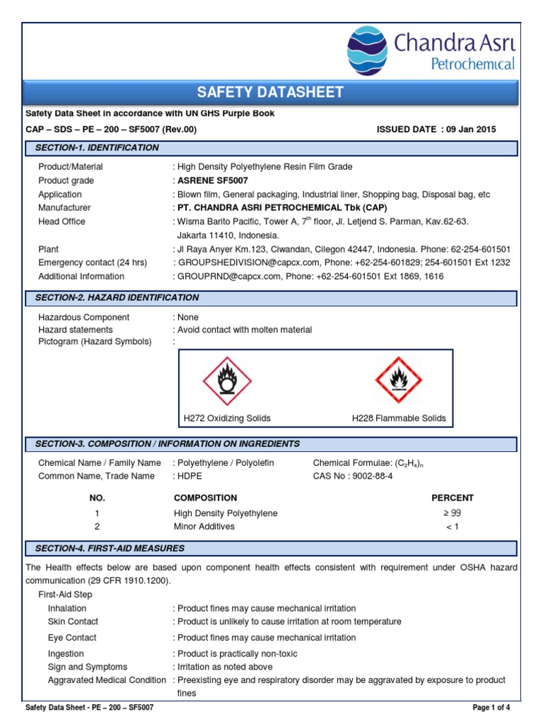 Material Safety Data Sheet Hdpe Section Chemical Product