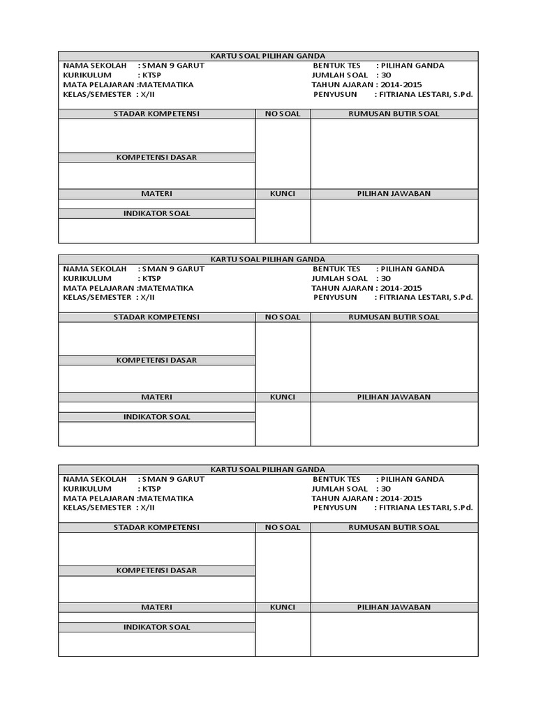 Contoh Kartu Soal Pilihan Ganda