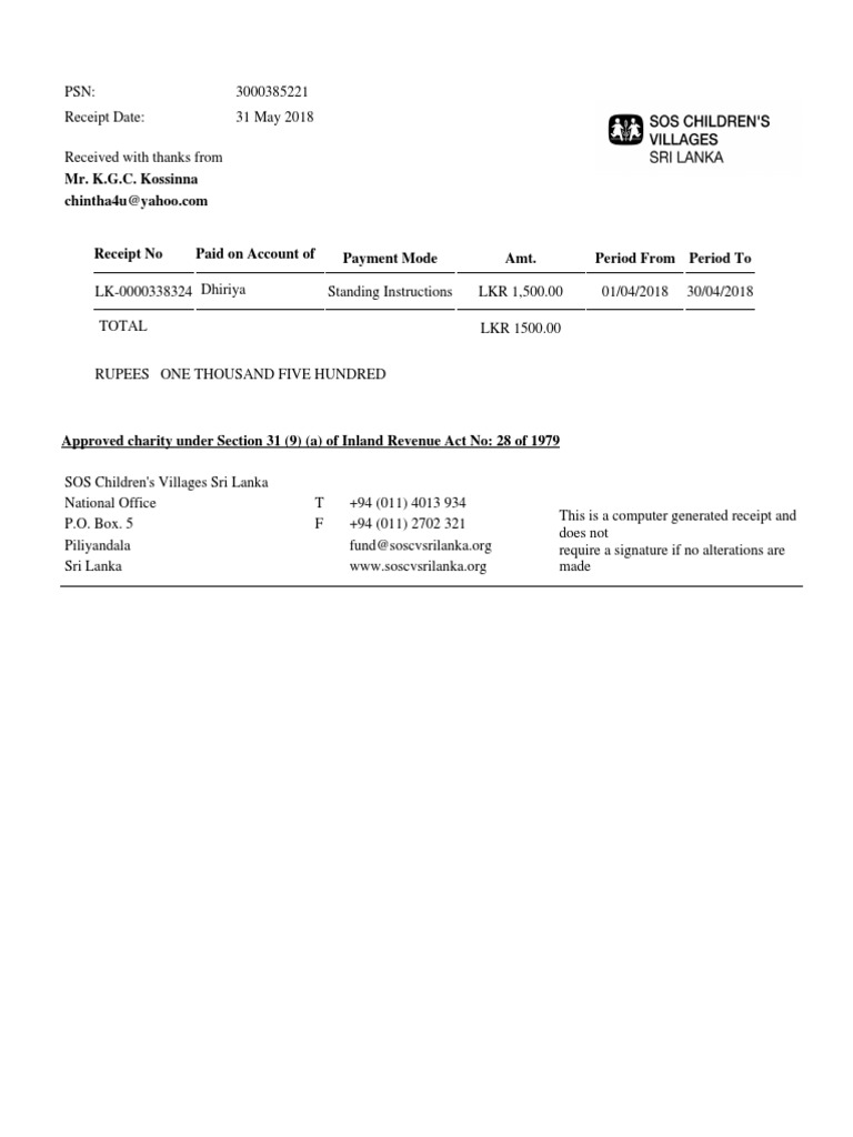 Charity Payment Receipt - SOS Sri Lanka | PDF