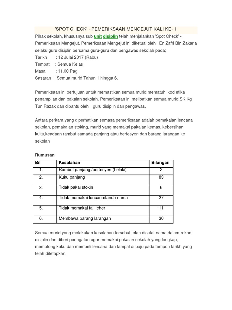 Laporan Spot Check Disiplin Sekolah | PDF