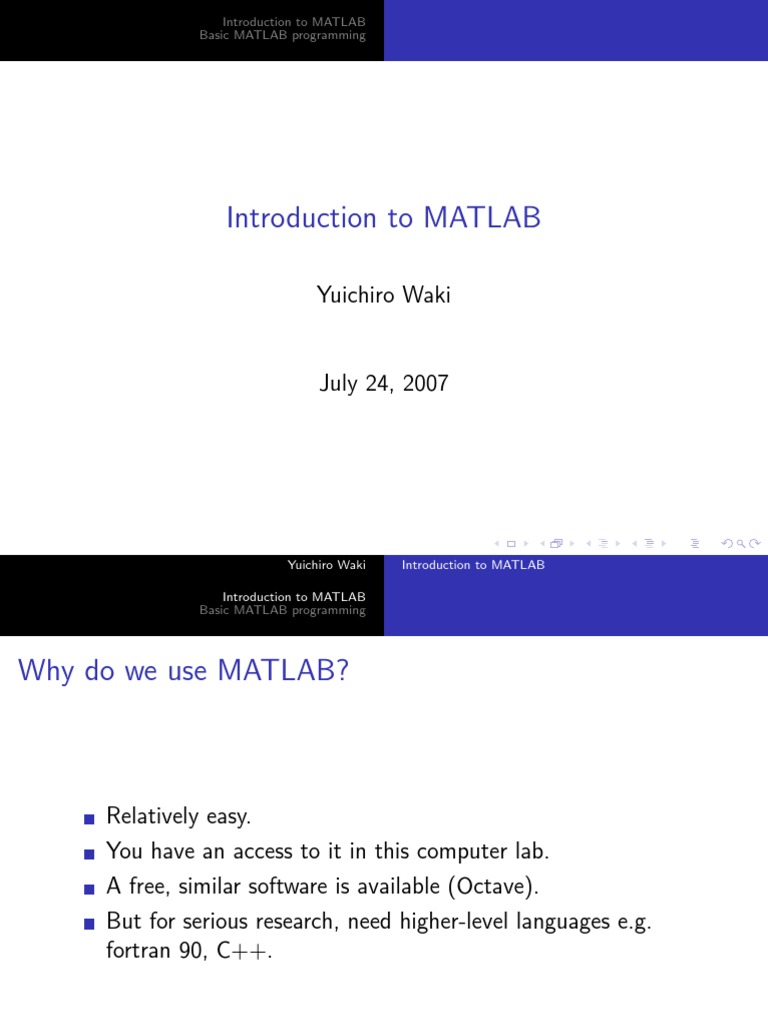 Introduction To MATLAB: Yuichiro Waki | PDF | Matlab | Scalar (Mathematics)