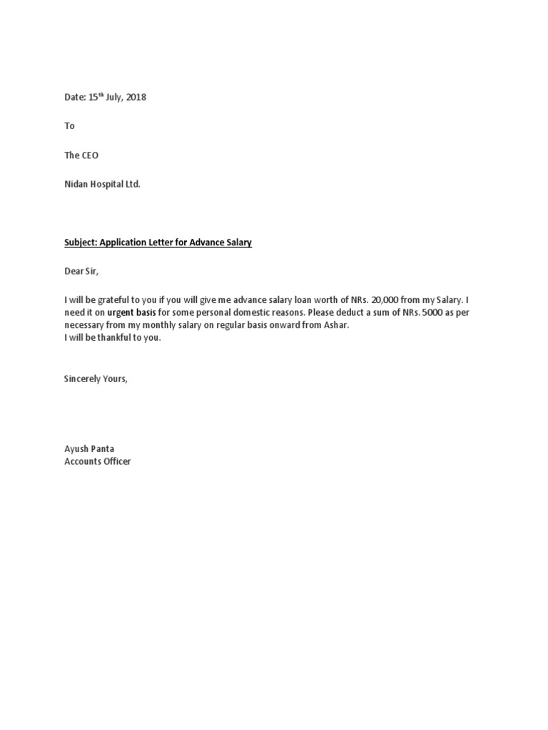 Subject Application Letter For Advance Salary Urgent Basis PDF
