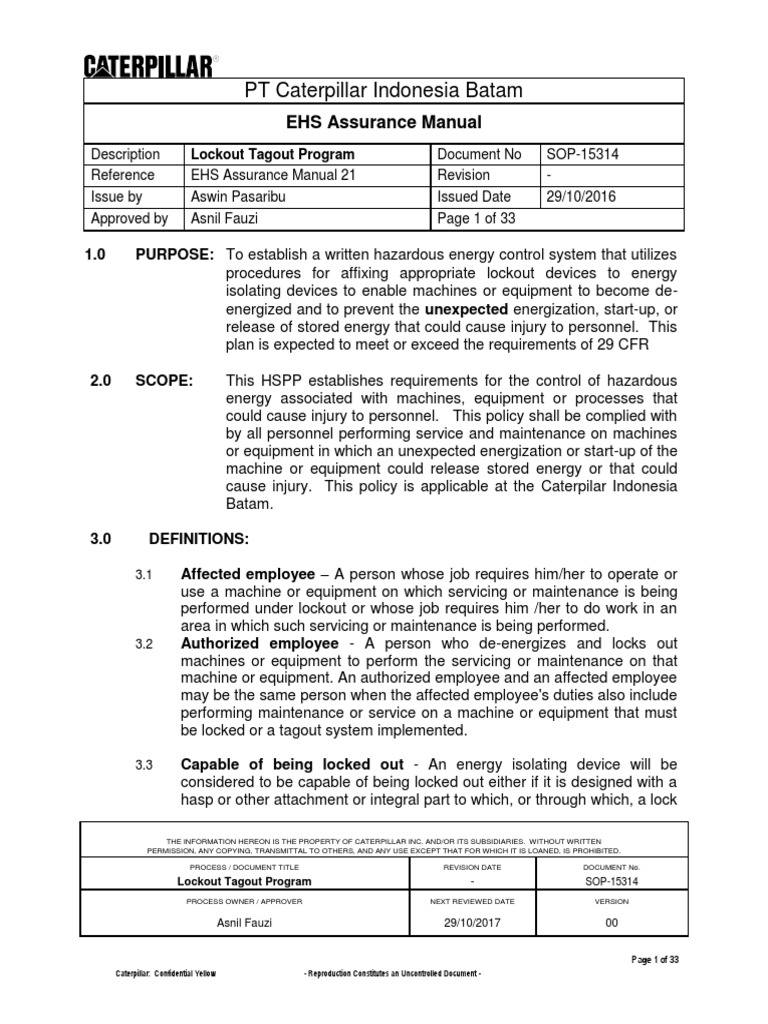 SOP15314 Lockout Tagout Program Prosedure Rev00 PDF Nature