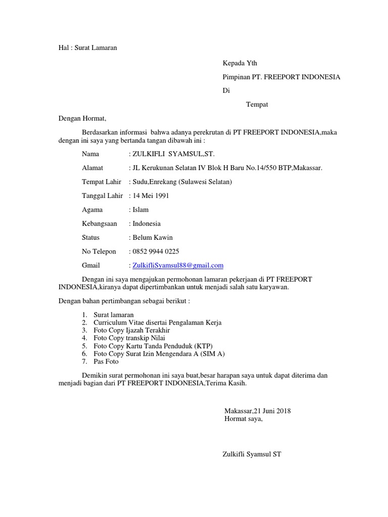 Contoh Surat Lamaran Kerja Di Pt Freeport Berbagi Contoh Surat
