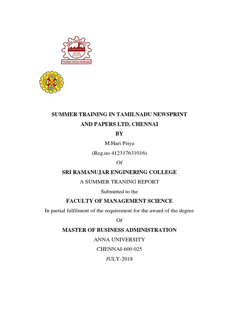 Summer Training in Tamilnadu Newsprint and Papers LTD, Chennai BY PDF Swot Analysis Business