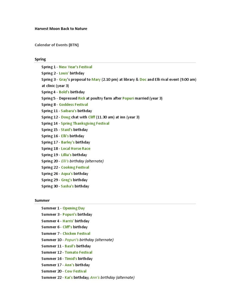Calendar of Events (BTN) : Harvest Moon Back To Nature | PDF | Pickling ...