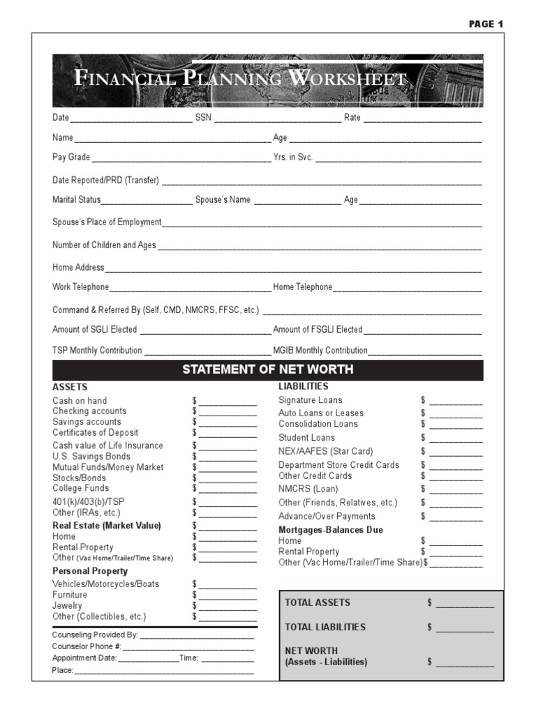 Inancial Lanning Orksheet: Statement of Net Worth | PDF | Federal ...