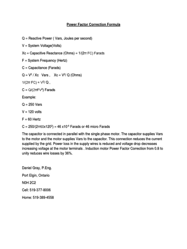 Power Factor Correction Formula