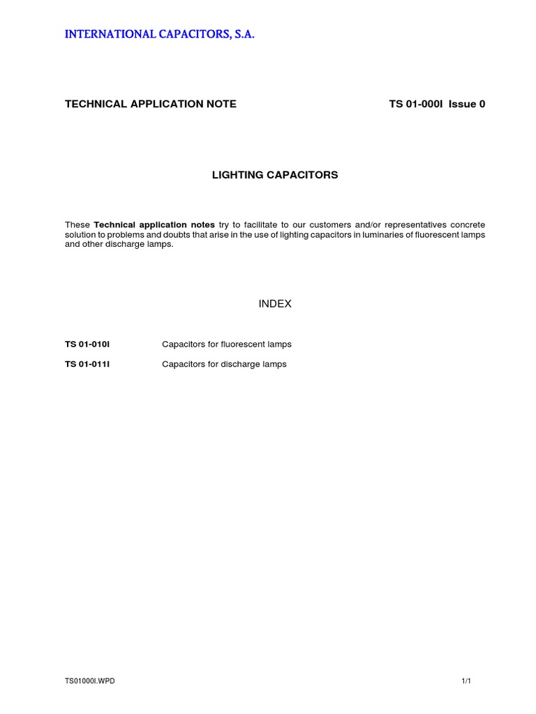 International Capacitors, S.A.: Technical Application Note TS 01-000I ...